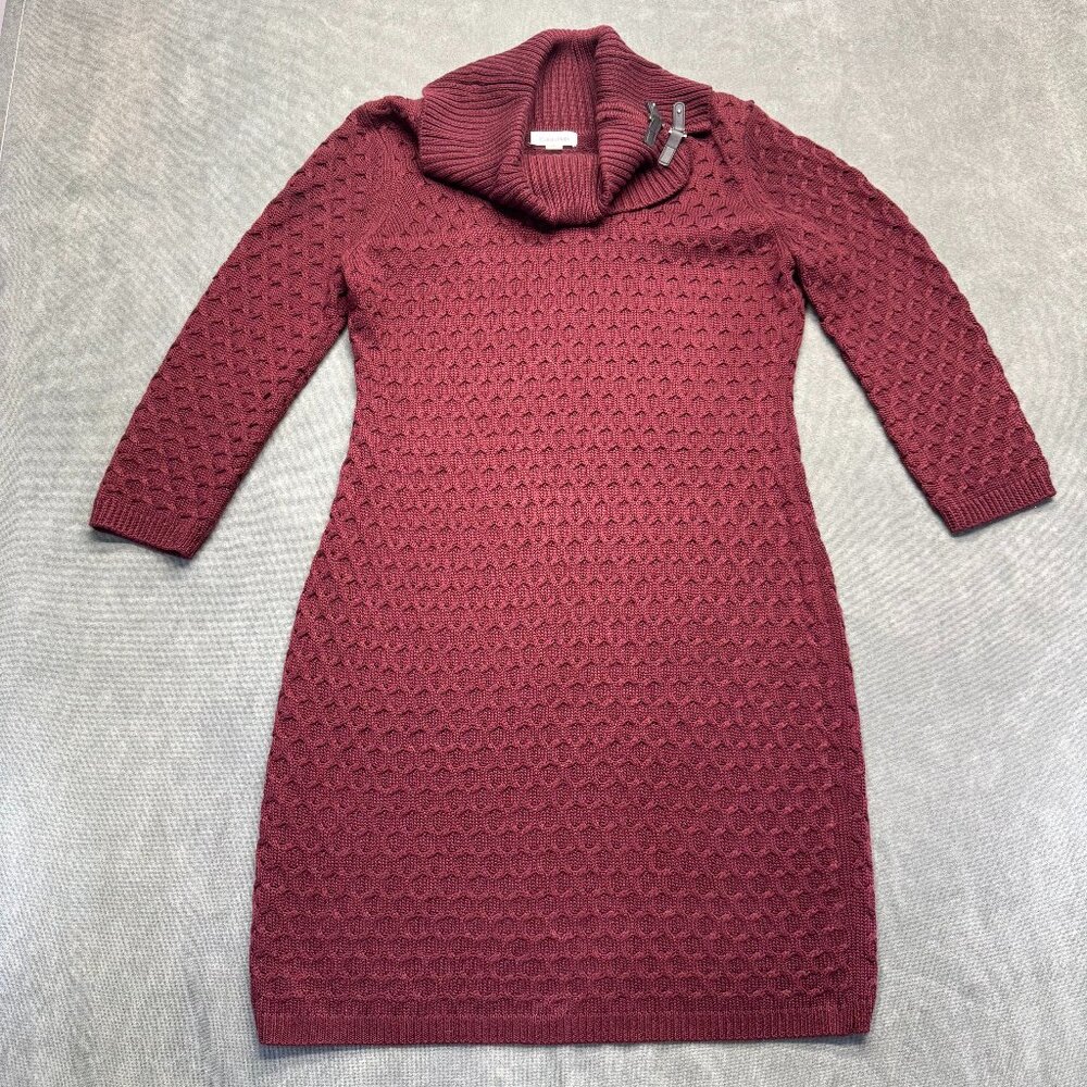 Calvin Klein Cowl Neck Sweater Dress XL Burgundy Knit 3/4 Sleeve